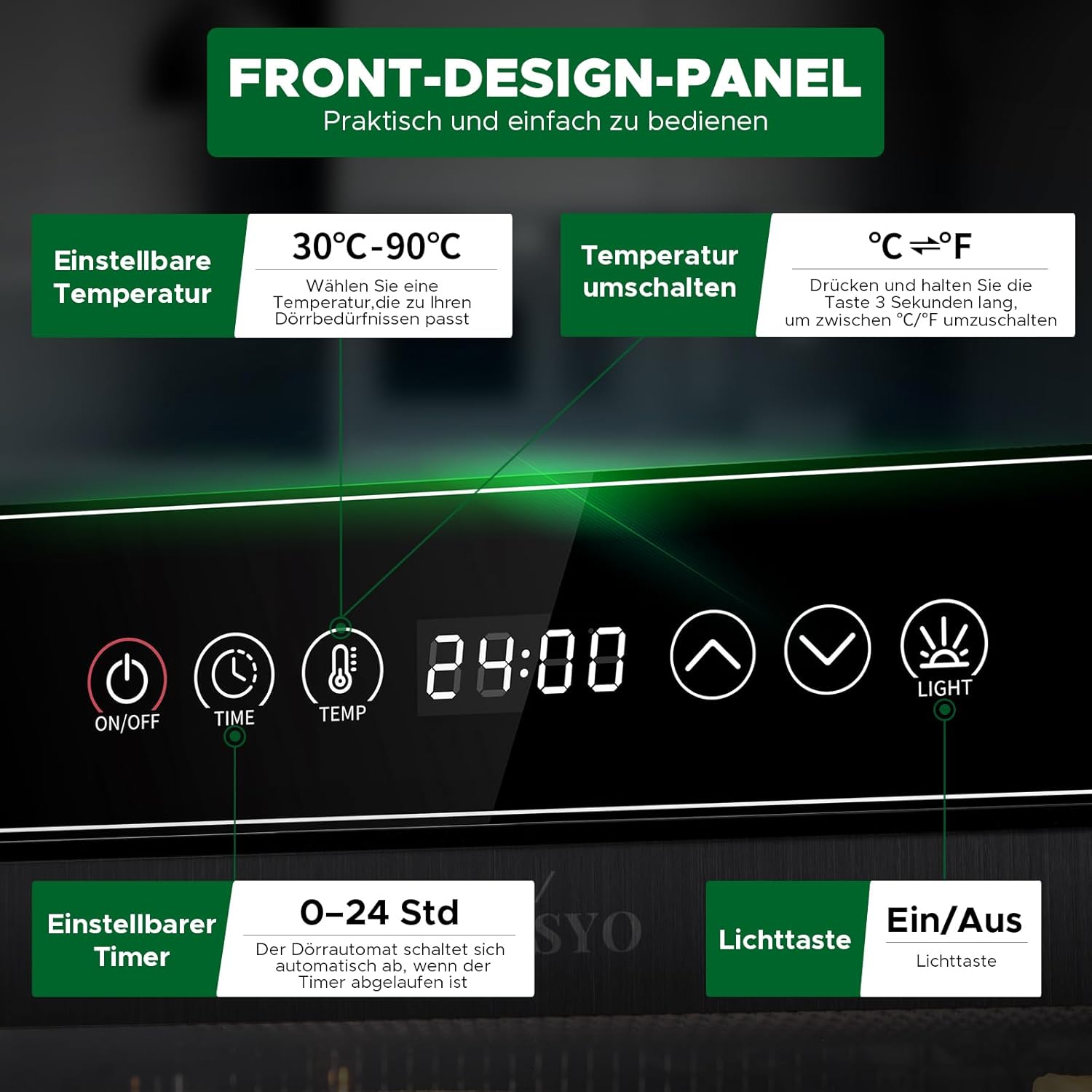 Kwasyo Dörrautomat Edelstahl, Dörrgerät 12 Etagen Ganz in Schwarz, 30-90℃ Temperaturregelung, 24 Stunden Timer, Rezeptheft für Fleisch Obst Gemüse Kräuter, 1000W, LT-09