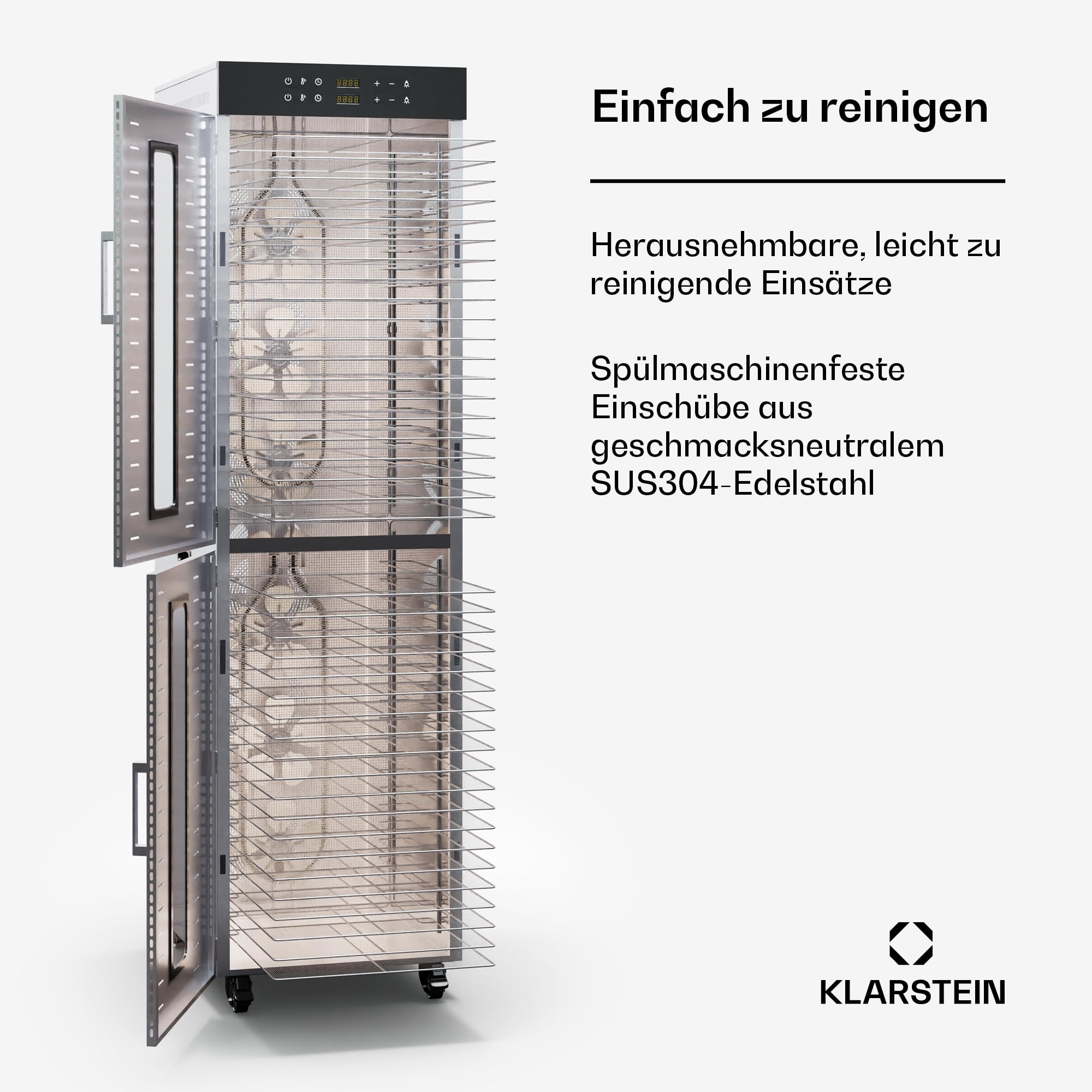 Klarstein Dörrautomat Edelstahl – 4.000-W-Dörrgerät, 48 Edelstahl-Einlegeböden, 30–90 °C, 24-Stunden-Timer, 6 Ventilatoren, 2 Trockenkammern, 50–55 dB, ideal für Obst, Gemüse, Fleisch, Kräuter, Silber
