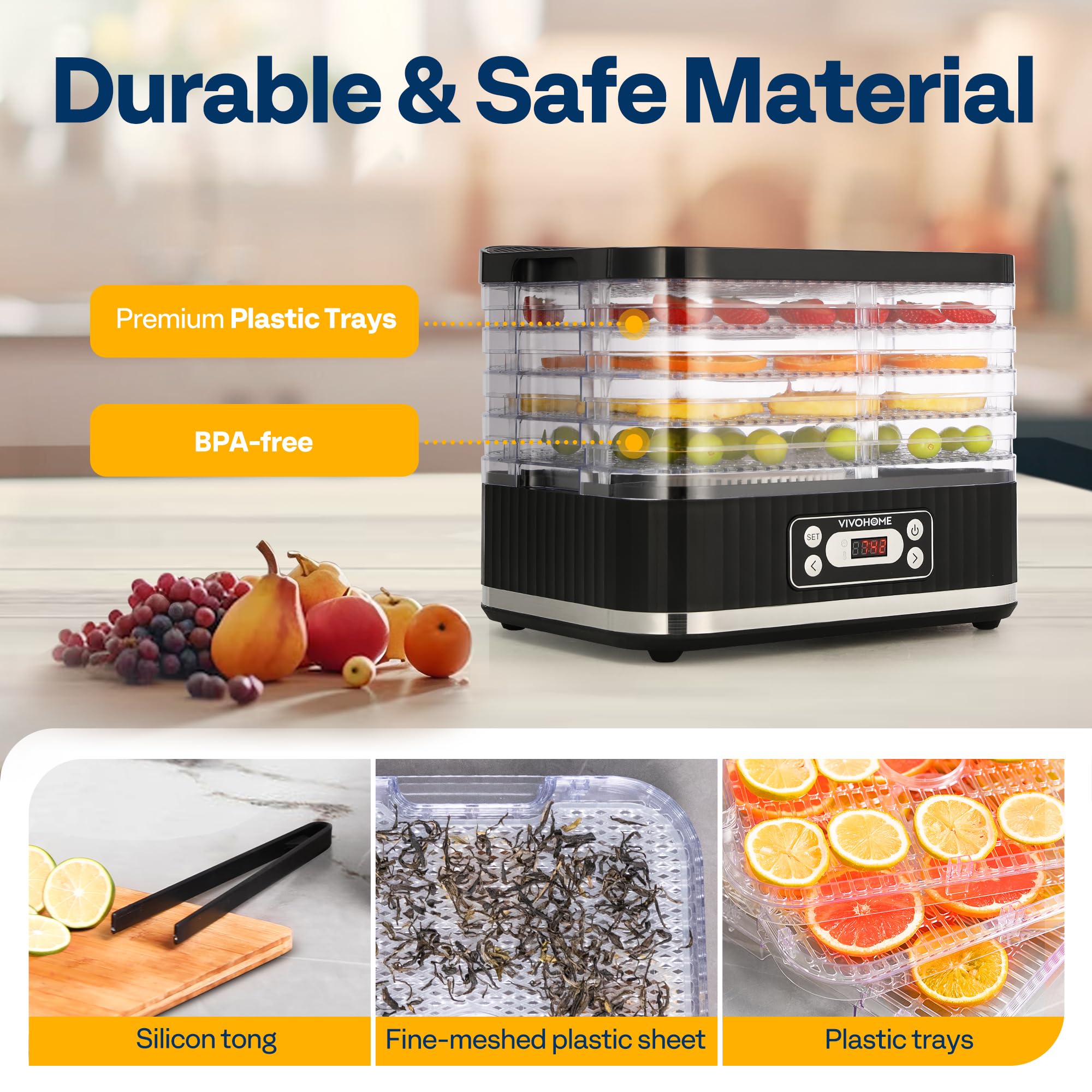 VIVOHOME Dörrautomat mit 8 Einlegefächern 400W BPA frei Dörrgerät mit Temperaturregler von 35°C bis 70°C inkl.72H Timer und Rezept für Fleisch,Obst,Haustier-Leckereiene