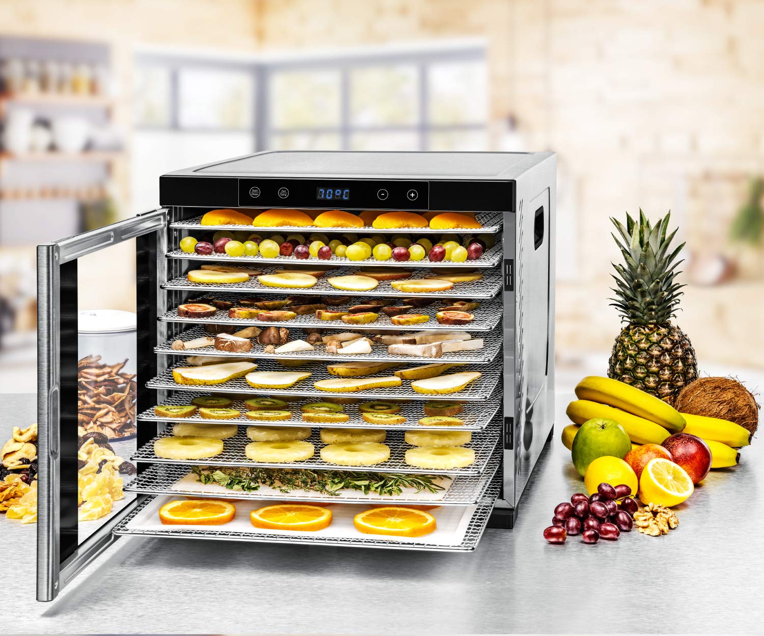 ROMMELSBACHER Dörrautomat DA 1000, XXL-Dörrfläche 1,6 m², inkl. 10 Edelstahl-Dörrtabletts, 2 Dörrgitter, 2 Dörrmatten, LED-Display, 24 Std. Zeitschaltuhr, Temperatur einstellbar (35 °C – 75 °C)