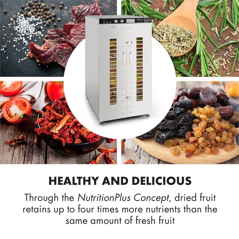 Klarstein Dörrautomat Edelstahl – 4.000-W-Dörrgerät, 48 Edelstahl-Einlegeböden, 30–90 °C, 24-Stunden-Timer, 6 Ventilatoren, 2 Trockenkammern, 50–55 dB, ideal für Obst, Gemüse, Fleisch, Kräuter, Silber