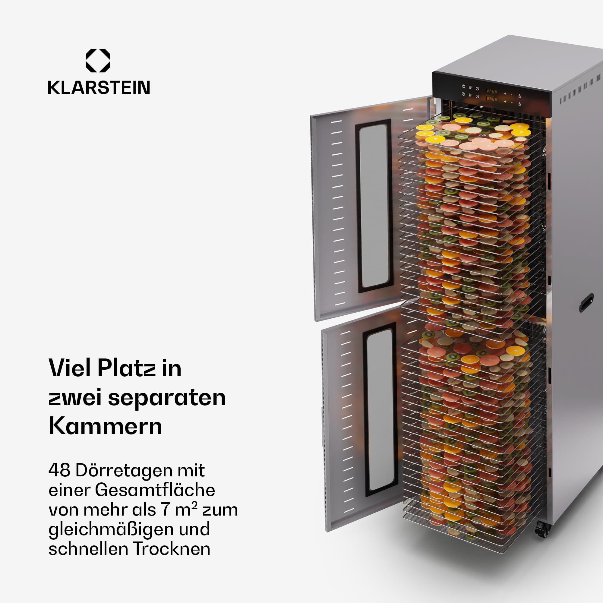 Klarstein Dörrautomat Edelstahl – 4.000-W-Dörrgerät, 48 Edelstahl-Einlegeböden, 30–90 °C, 24-Stunden-Timer, 6 Ventilatoren, 2 Trockenkammern, 50–55 dB, ideal für Obst, Gemüse, Fleisch, Kräuter, Silber