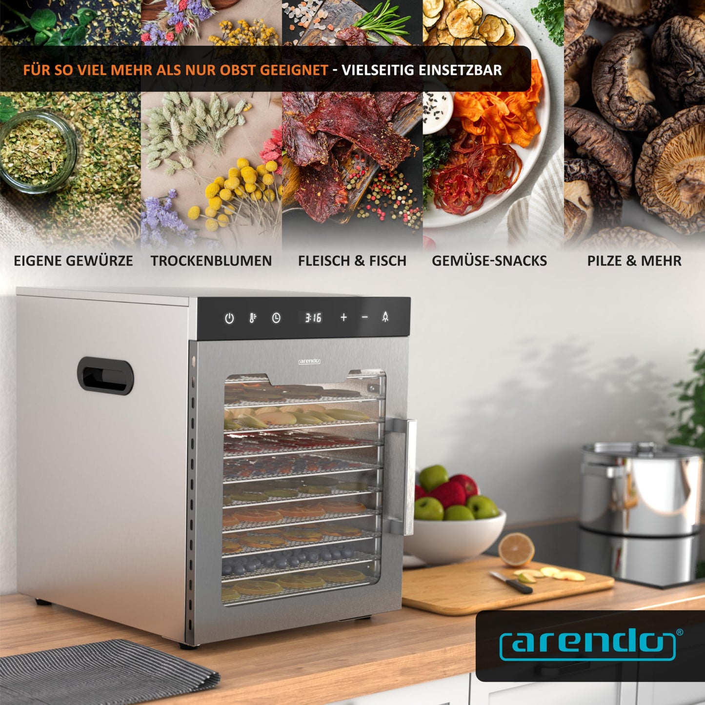 Arendo - Stainless steel dehydrator 8-fold - 500 watts with temperature control - dehydrator for food meat fruits fruit mushrooms - timer up to 24 hours - 8 compartments - GS - dehydrator
